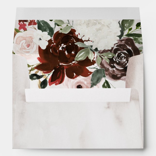 Boho Burgundy Pink Rose Watercolor Floral Wedding Envelope (Back (Bottom))