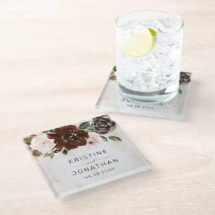 Boho Burgundy Pink Rose Watercolor Floral Wedding  Glass Coaster