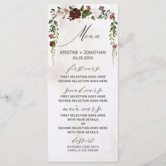 Boho Burgundy Pink Rose Watercolor Floral Wedding Menu (Front)
