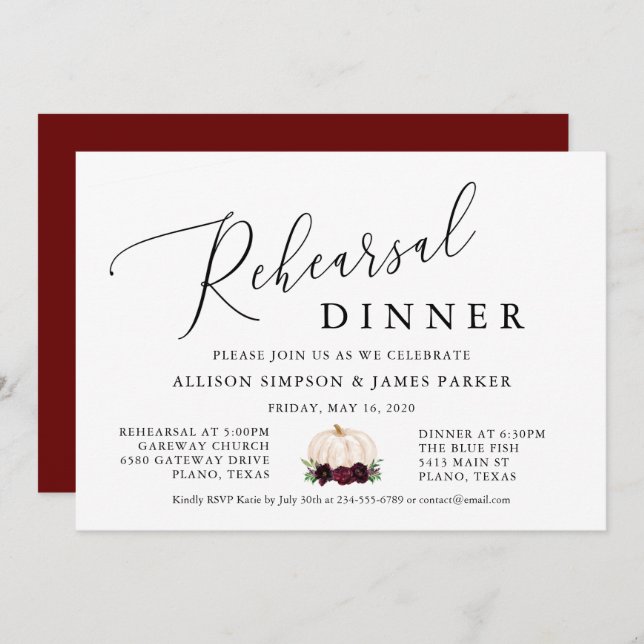 Boho Burgundy Pumpkin Fall Rehearsal Dinner Invitation (Front/Back)