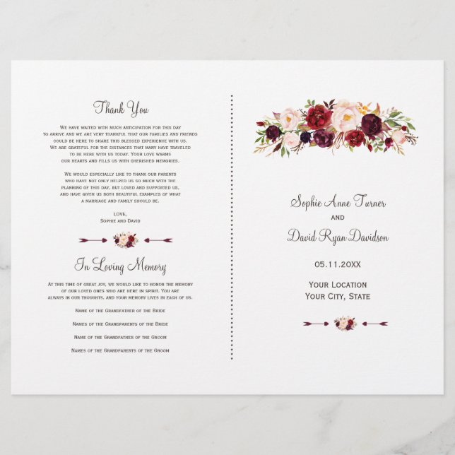 Boho Burgundy Red Marsala Floral Wedding Program (Front)