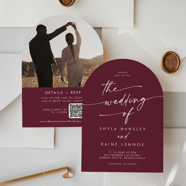 Boho Burgundy Red Photo QR Code Arch Wedding Invitation (Creator Uploaded)