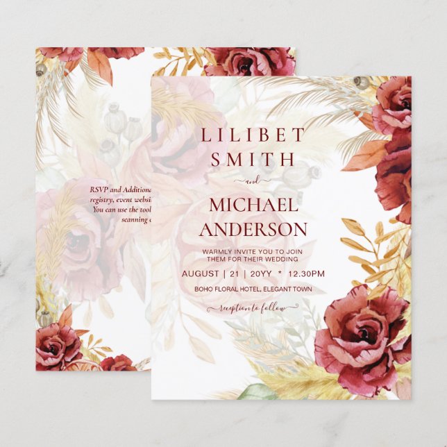 BOHO Burgundy Rose Pampas Grass Wedding (Front/Back)