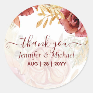BOHO Burgundy Rose Pampas Grass Wedding Classic Round Sticker