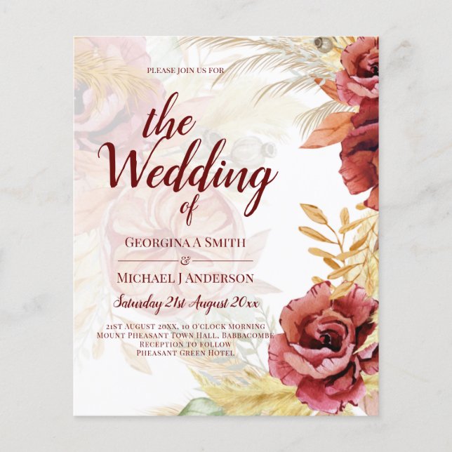 BOHO Burgundy Rose Pampas Grass Wedding Flyer (Front)