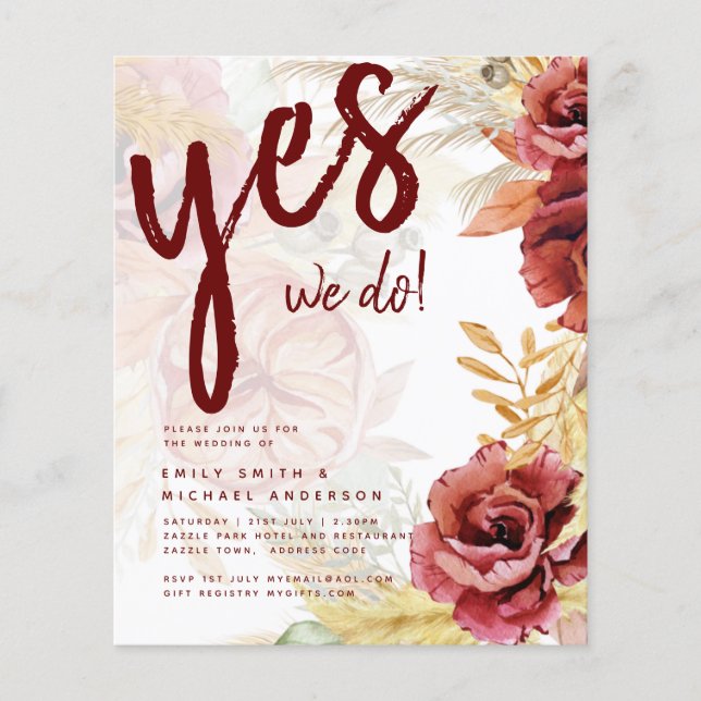 BOHO Burgundy Rose Pampas Grass Wedding Flyer (Front)