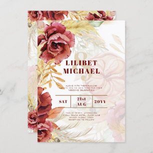BOHO Burgundy Rose Pampas Grass Wedding Invitation