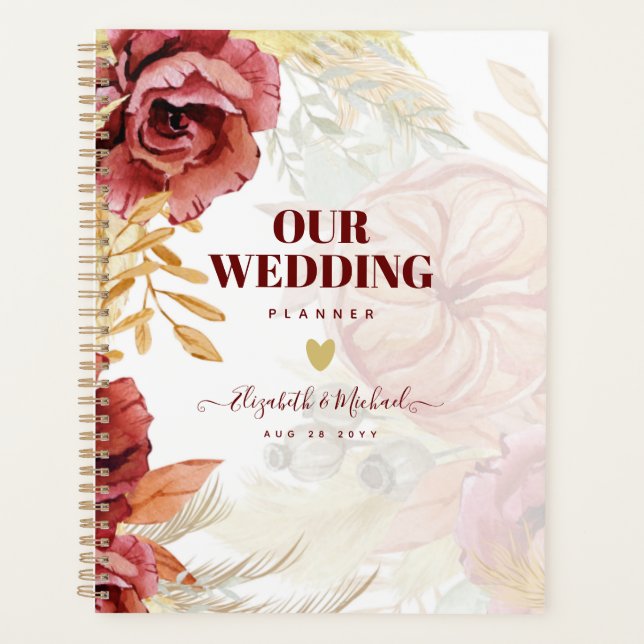 BOHO Burgundy Rose Pampas Grass Wedding Planner (Front)