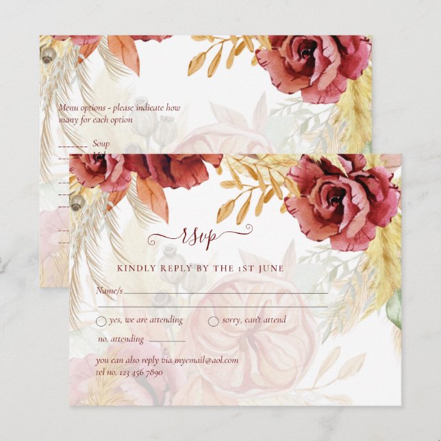 BOHO Burgundy Rose Pampas Grass Wedding Postcard (Front/Back)