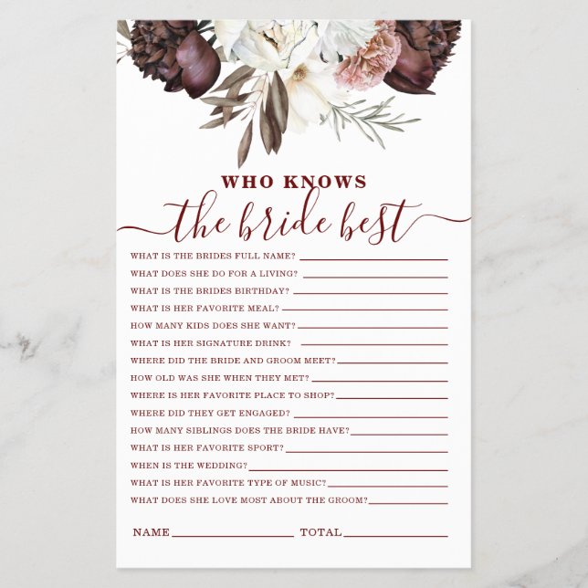 Boho Burgundy Roses fall Bridal Shower Game Flyer (Front)