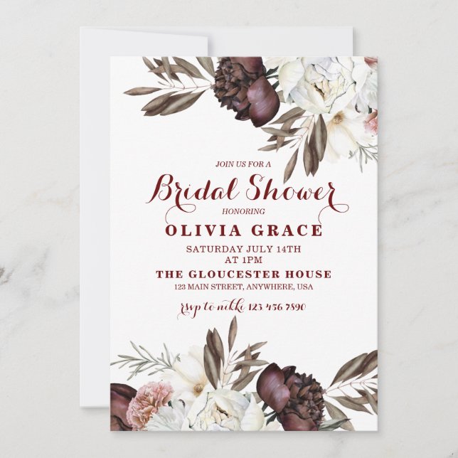 Boho Burgundy Roses fall bridal shower Invitation (Front)