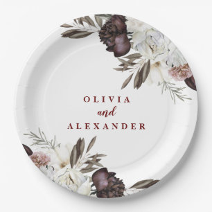 Boho Burgundy Roses fall floral wedding Label Paper Plate