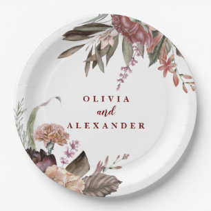 Boho Burgundy Roses fall floral wedding Paper Plate