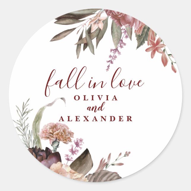 Boho Burgundy Roses fall in love floral wedding Classic Round Sticker (Front)