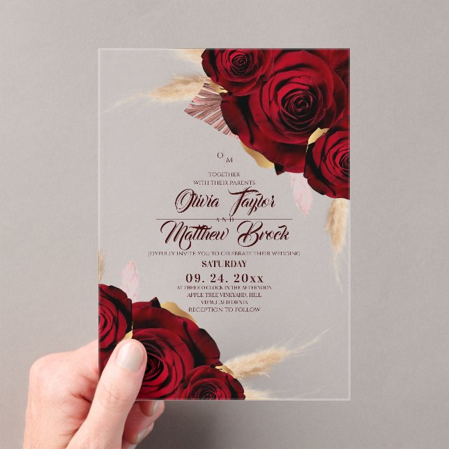 Boho Burgundy Roses Pampas Grass Wedding  Acrylic Invitations (Insitu (Handheld))