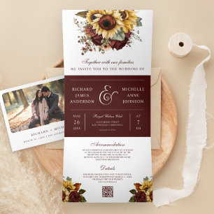 Boho Burgundy Roses Sunflowers QR Code Wedding Tri-Fold Invitation