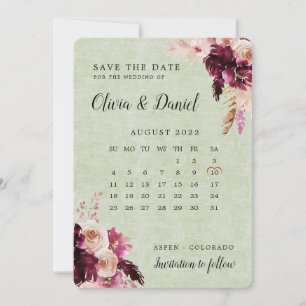 Boho Burgundy Sage Green Calendar Save The Date Invitation