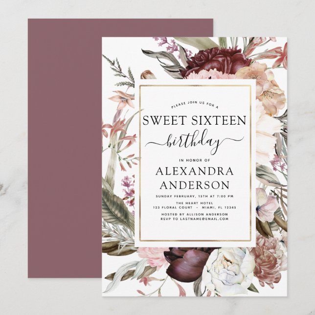 Boho Burgundy Sweet 16 Birthday Floral Invitation (Front/Back)