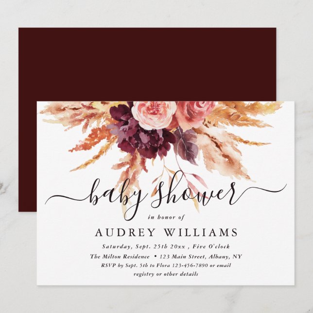 Boho Burgundy Terracotta Floral Baby Shower  Invitation (Front/Back)