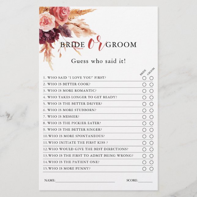 Boho Burgundy Terracotta Floral Bridal Shower Game (Front)