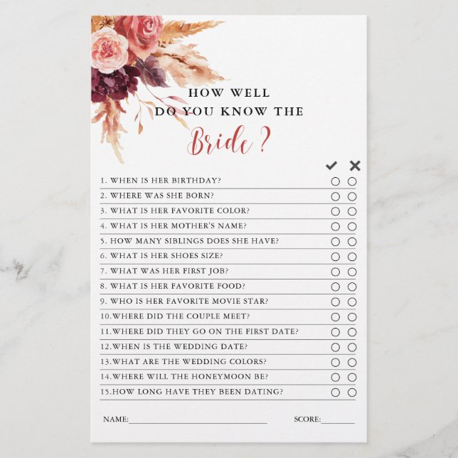 Boho Burgundy Terracotta Floral Bridal Shower Game (Front)