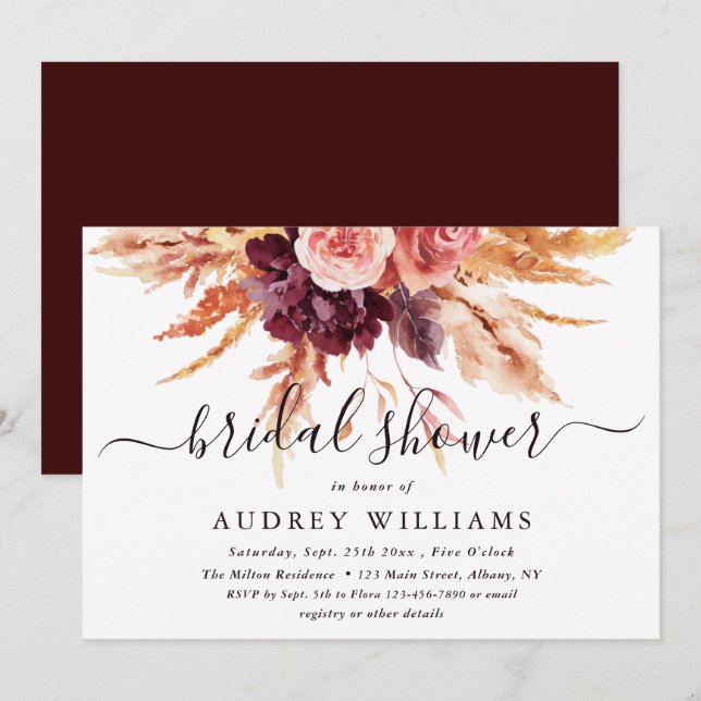 Boho Burgundy Terracotta Floral Bridal Shower Invitation (Front/Back)