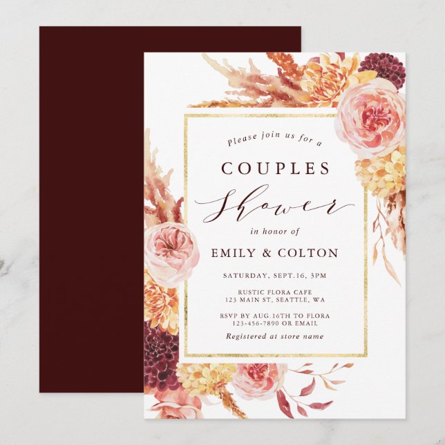 Boho Burgundy Terracotta Floral Couples Shower Invitation (Front/Back)