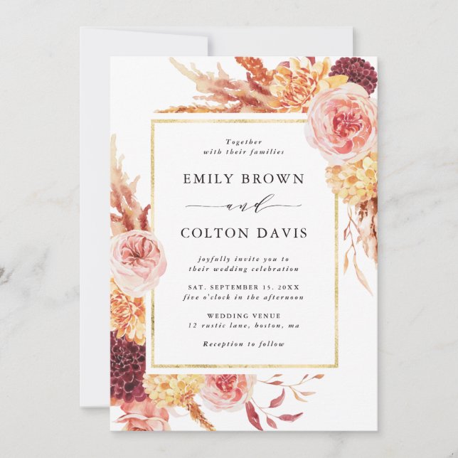 Boho Burgundy Terracotta Floral Gold Frame Wedding Invitation (Front)