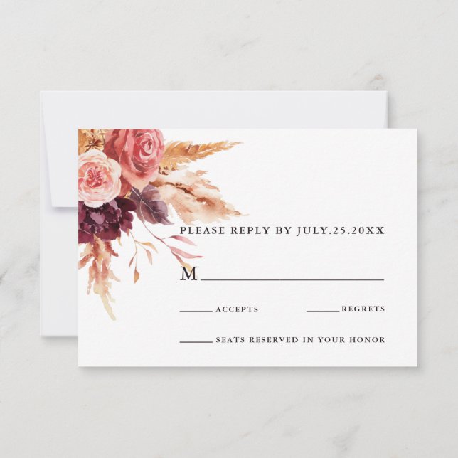 Boho Burgundy Terracotta Floral Gold Frame Wedding RSVP Card (Back)