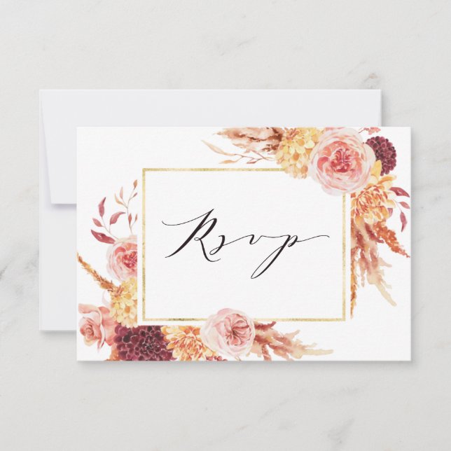 Boho Burgundy Terracotta Floral Gold Frame Wedding RSVP Card (Front)