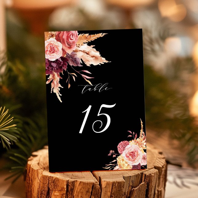 Boho Burgundy Terracotta Floral Wedding Black Table Number (Creator Uploaded)