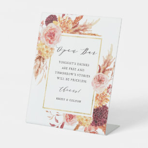 Boho Burgundy Terracotta Floral Wedding Open Bar  Pedestal Sign