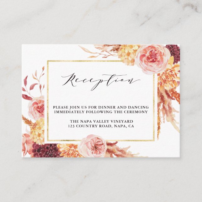 Boho Burgundy Terracotta Floral Wedding Reception Enclosure Card (Front)