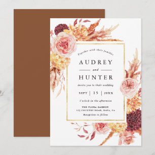 Boho Burgundy Terracotta Flower Gold Frame Wedding Invitation