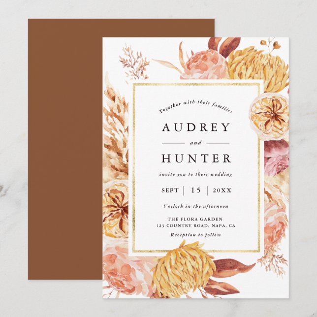 Boho Burgundy Terracotta Flower Gold Frame Wedding Invitation (Front/Back)