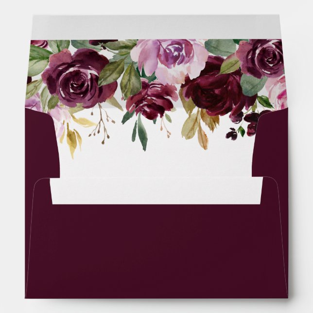 Boho Burgundy Watercolor Fall Flowers and Greenery Envelope (Back (Bottom))