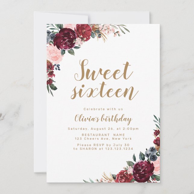 Boho burgundy watercolor floral 16th birthday invitation (Front)