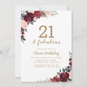 Boho burgundy watercolor floral 21st birthday invitation