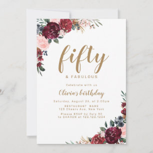 Boho burgundy watercolor floral 50th birthday invitation