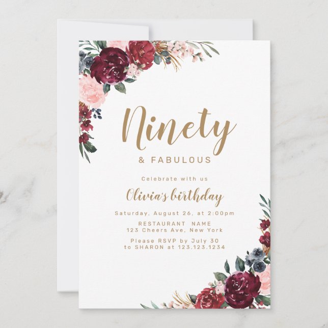 Boho burgundy watercolor floral 90th birthday invitation (Front)