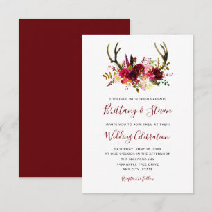 Boho Burgundy watercolor floral antlers Wedding Invitation