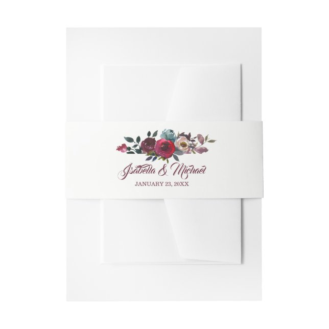 Boho Burgundy Watercolor Floral Wedding Invitation Belly Band (Front Example)