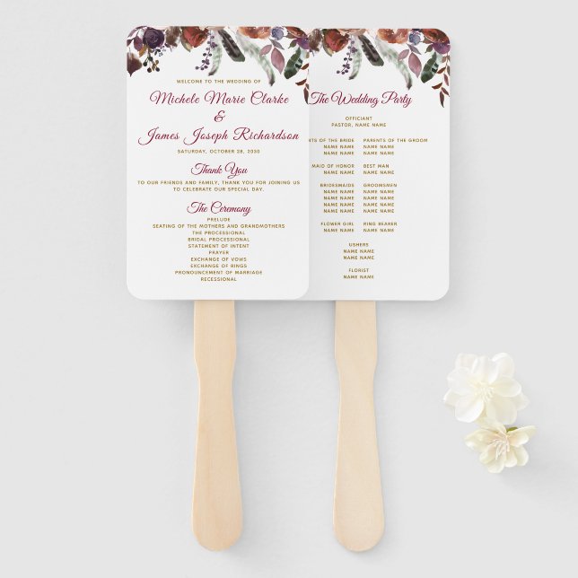 Boho Burgundy Watercolor Floral Wedding Program Hand Fan (Front and Back)