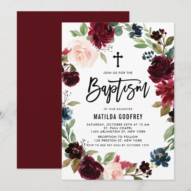Boho Burgundy Watercolor Floral Wreath Baptism Invitation (Front/Back)