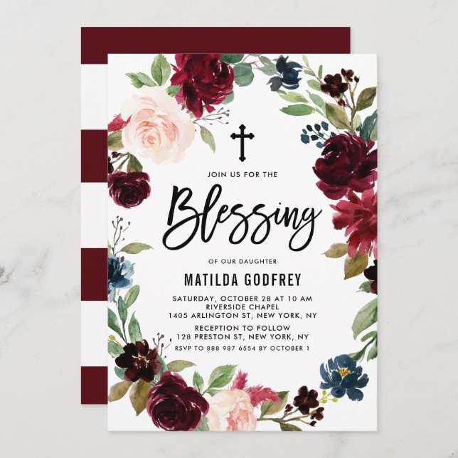 Boho Burgundy Watercolor Floral Wreath Blessing Invitation (Front/Back)