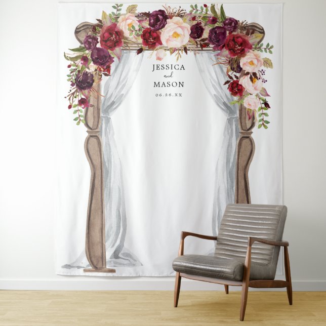 Boho Burgundy Wedding Arch Backdrop Photo Booth Tapestry (In Situ)