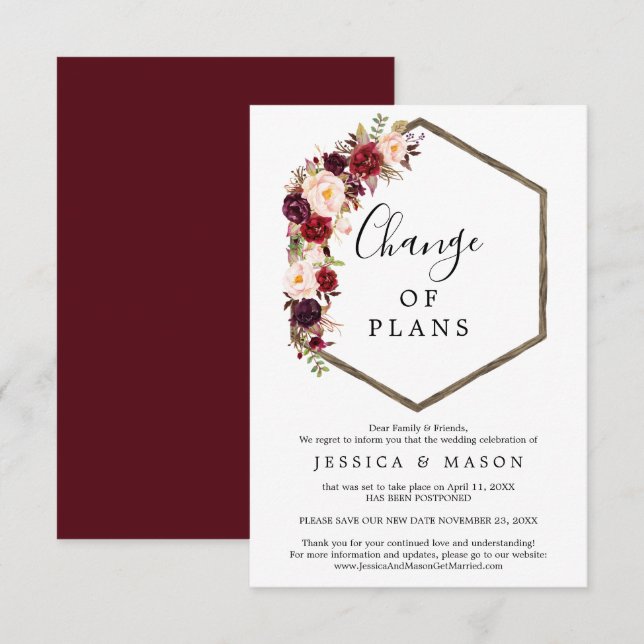 Boho Burgundy Wedding Postponed Announcement (Front/Back)