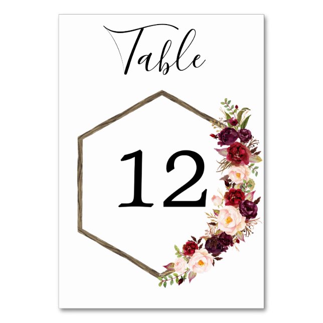 Boho Burgundy Wedding Table Numbers (Front)