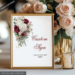 Boho Burgundy White Elegant Floral Wedding Sign<br><div class="desc">✅ For matching items search 208W in my collections ✅ Welcome your guests with style and elegance using this boho wedding custom sign, featuring watercolor burgundy and white roses accented with shimmering gold leaves. Designed in a rich palette of burgundy, marsala, maroon, deep red, dark red, white, and gold, this...</div>