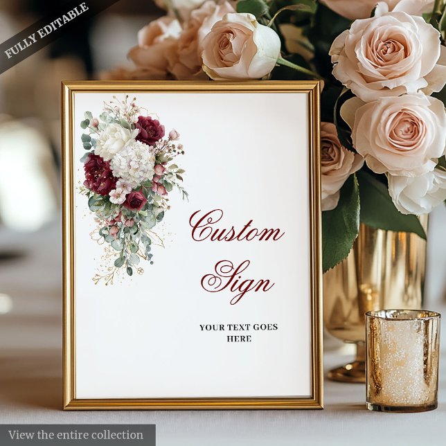 Boho Burgundy White Floral Wedding Custom Sign (Boho Burgundy White Artistic Floral Wedding Sign)